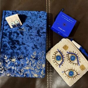 Blue Velvet Notebook with Gold Floral Design